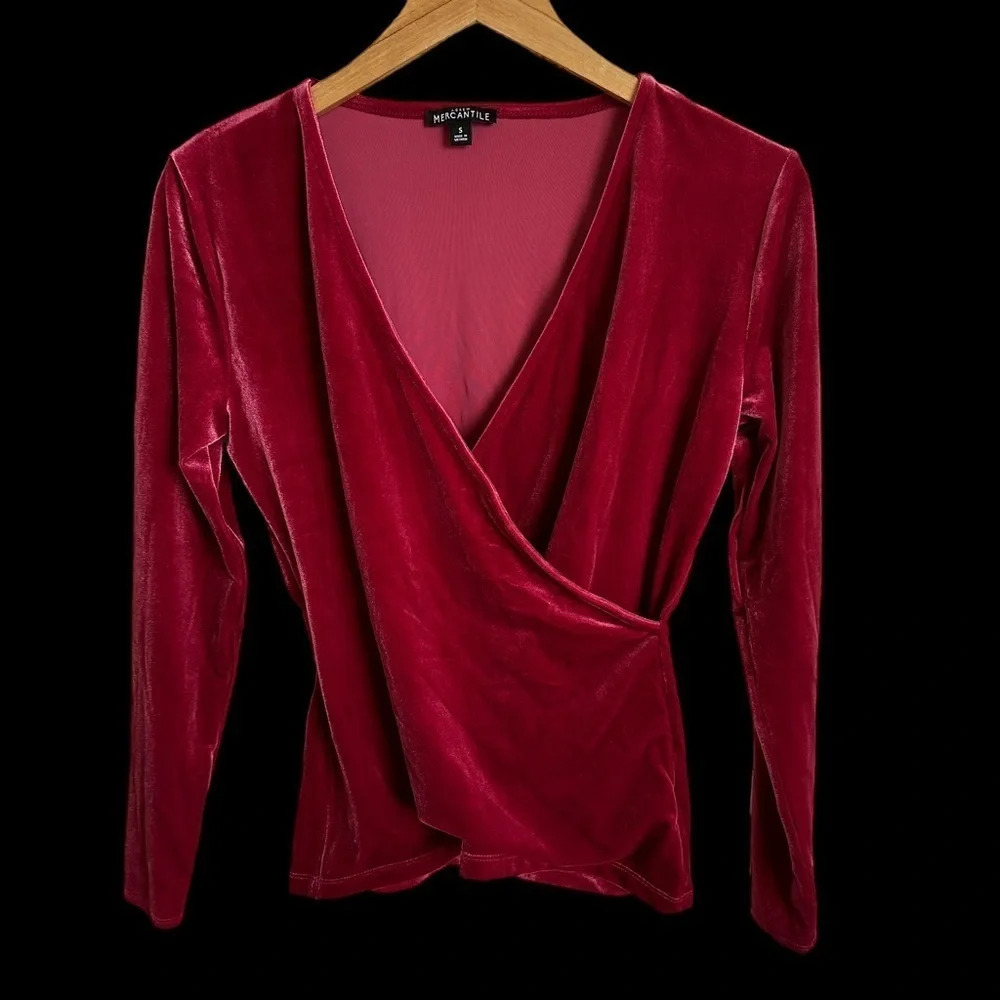 J Crew Mercantile Women’s Small Cranberry Velour Faux Wrap Top Holiday Party